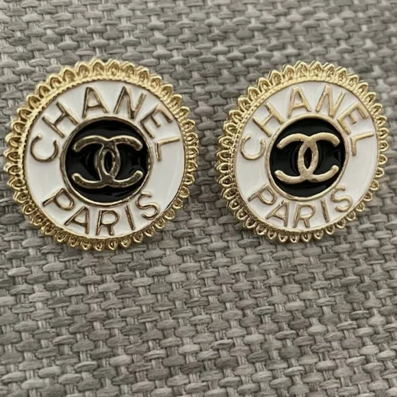 Chanel Gold Tone White Enamel Costume Double CC Earrings - Picture 4 of 9